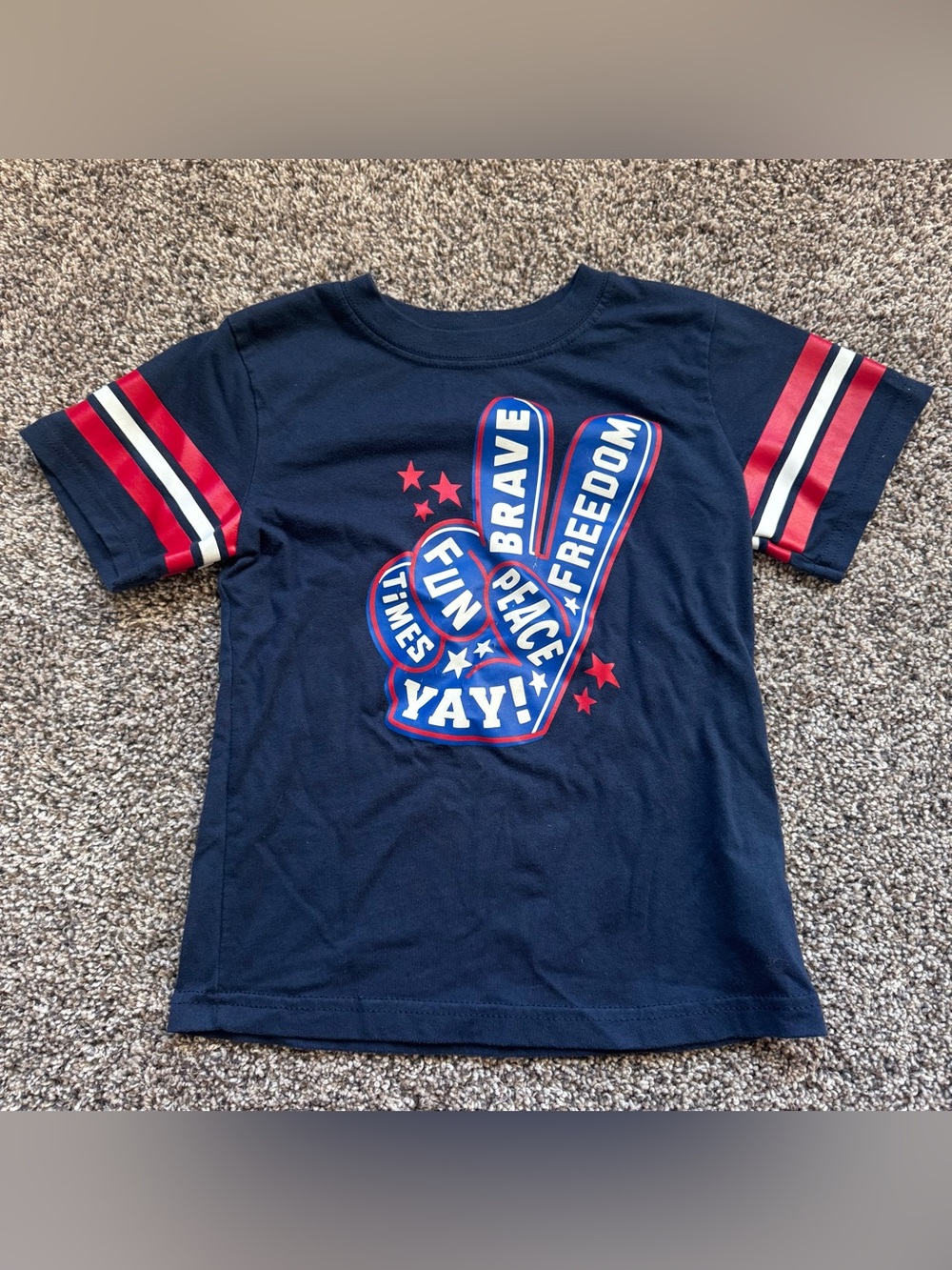 Kids Navy Blue Graphic Tee with Red Stripe Sleeves